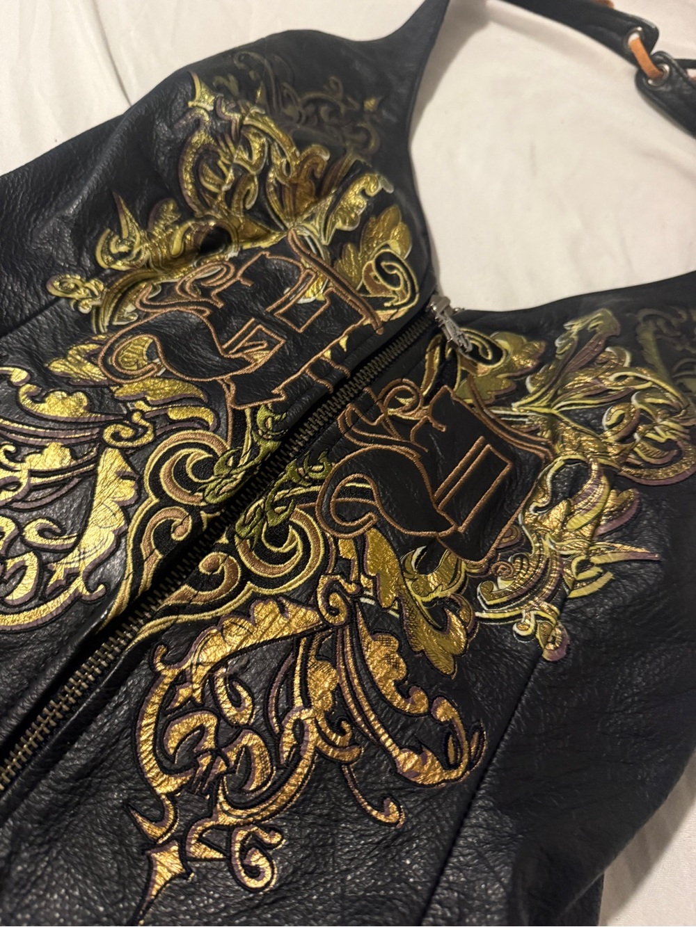 Harley-Davidson Black Leather Halter Top with Gold Embroidered Crest - Picture 2 of 4